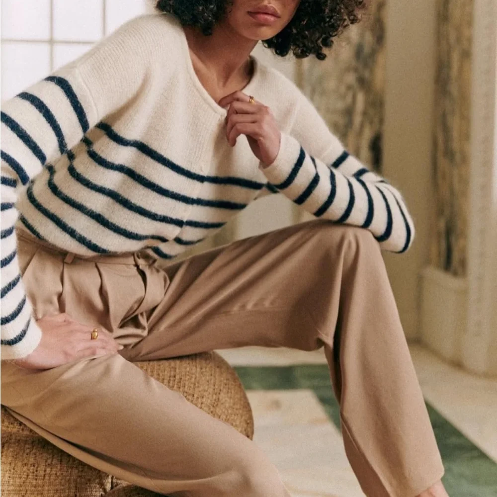 SEZANE Cream Navy Striped Mohair Alpaca Wool Reversible Gaspard Cardigan Sweater - Picture 8 of 17